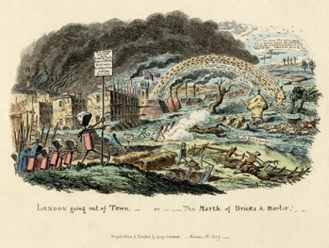 George Cruickshank, London Going out of Town – or - The March of Bricks and Mortar!, 1829, BM 1891,1116.179.