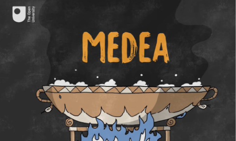 The title frame of the animated film Medea showing the name Medea above a bubbling cauldron over a blue flame