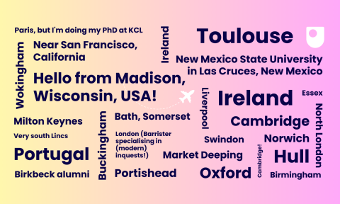 A colourful word map graphic with place names from all over the world and friendly greetings.