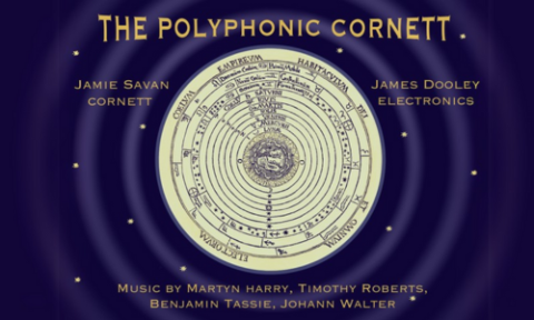 Cover illustration of the Polyphonic Cornett album. Dark blue background with a pale gold circular design in the centre. Titles and artist credits are at the top and the bottom.