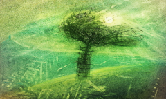 A dark green tree sketched onto a lighter green background
